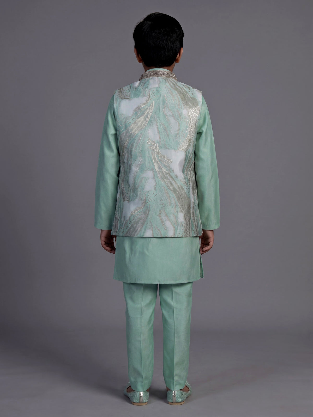 Seafoam mint green feather embroidered boys waistcoat set
