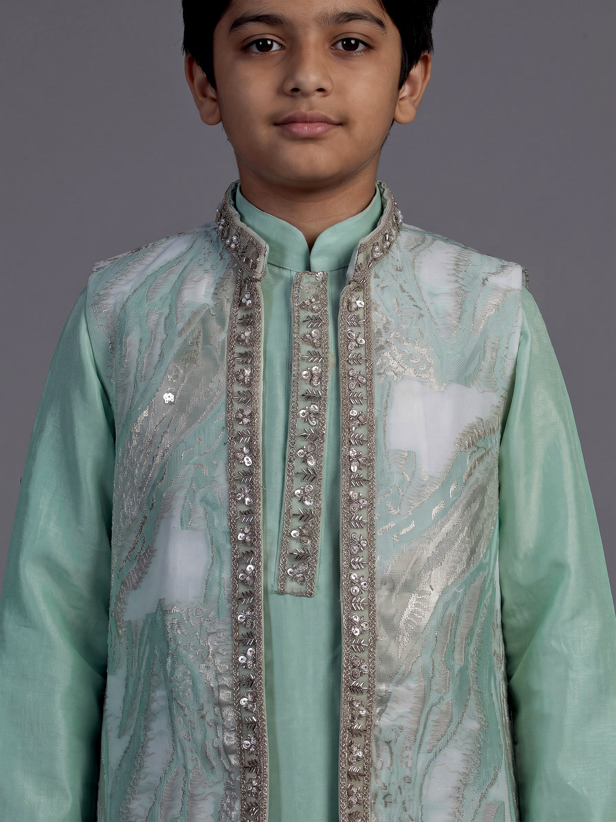 Seafoam mint green feather embroidered boys waistcoat set