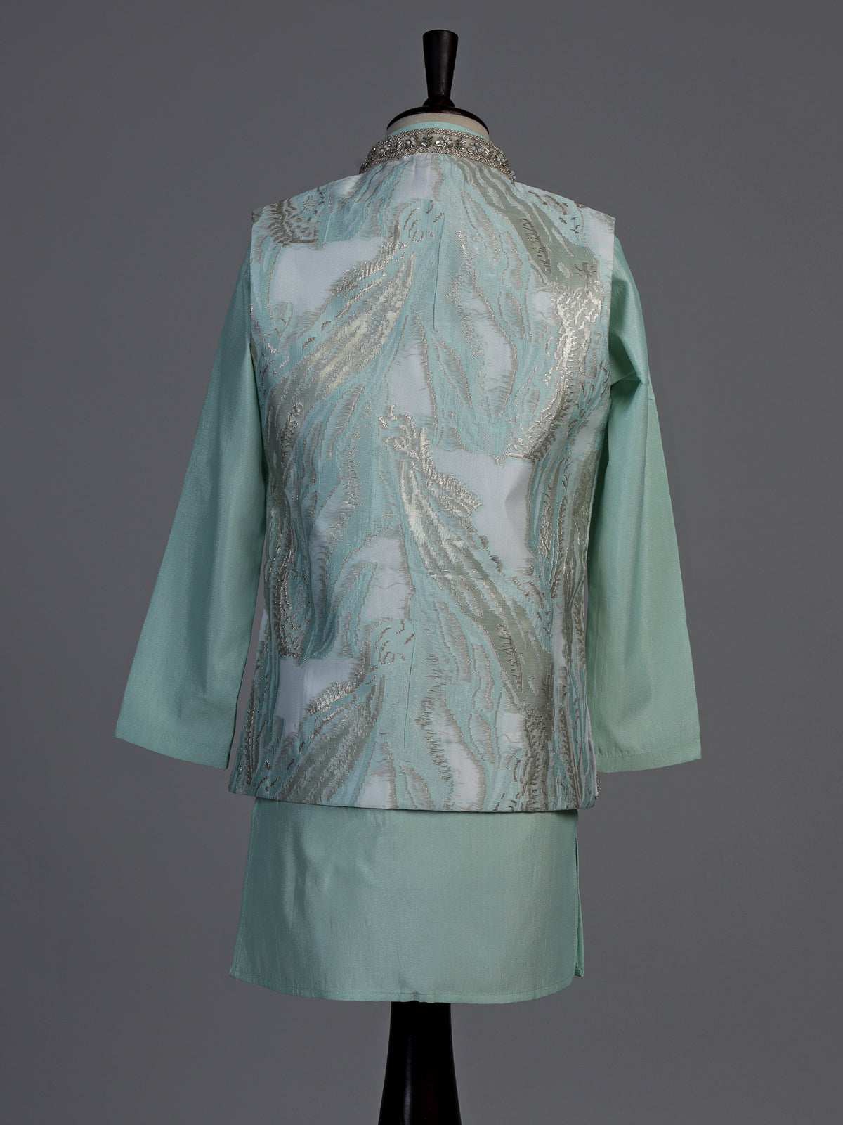 Seafoam mint green feather embroidered boys waistcoat set