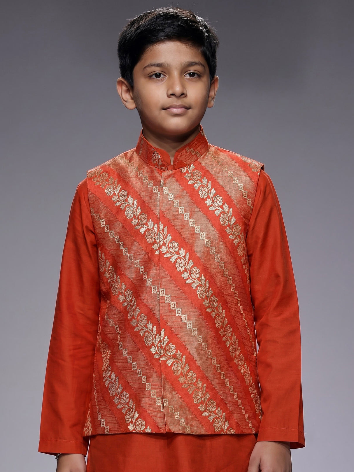 Orange leheriya zari boys waistcoat set