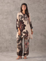 Beige perfect printed embellished stand collar palazzo co ord set