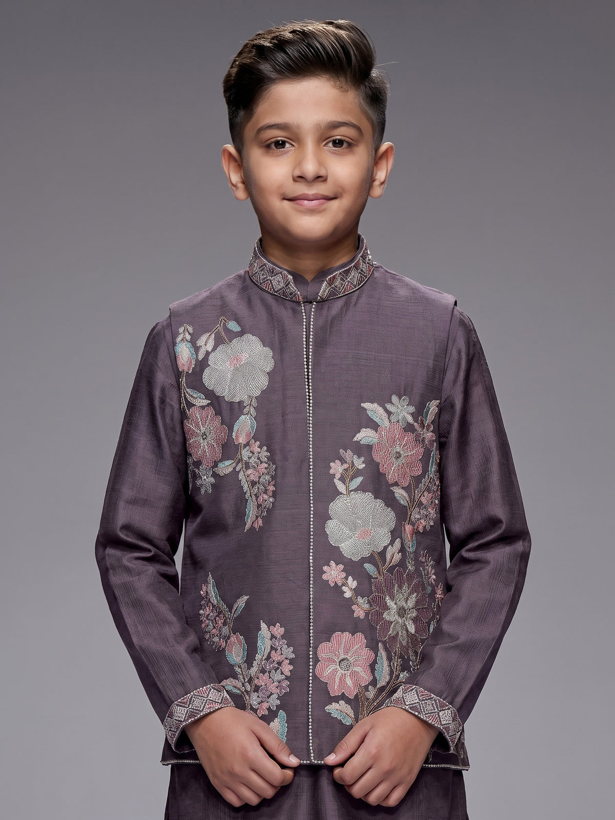 Dusty slate mauve floral boys waistcoat set