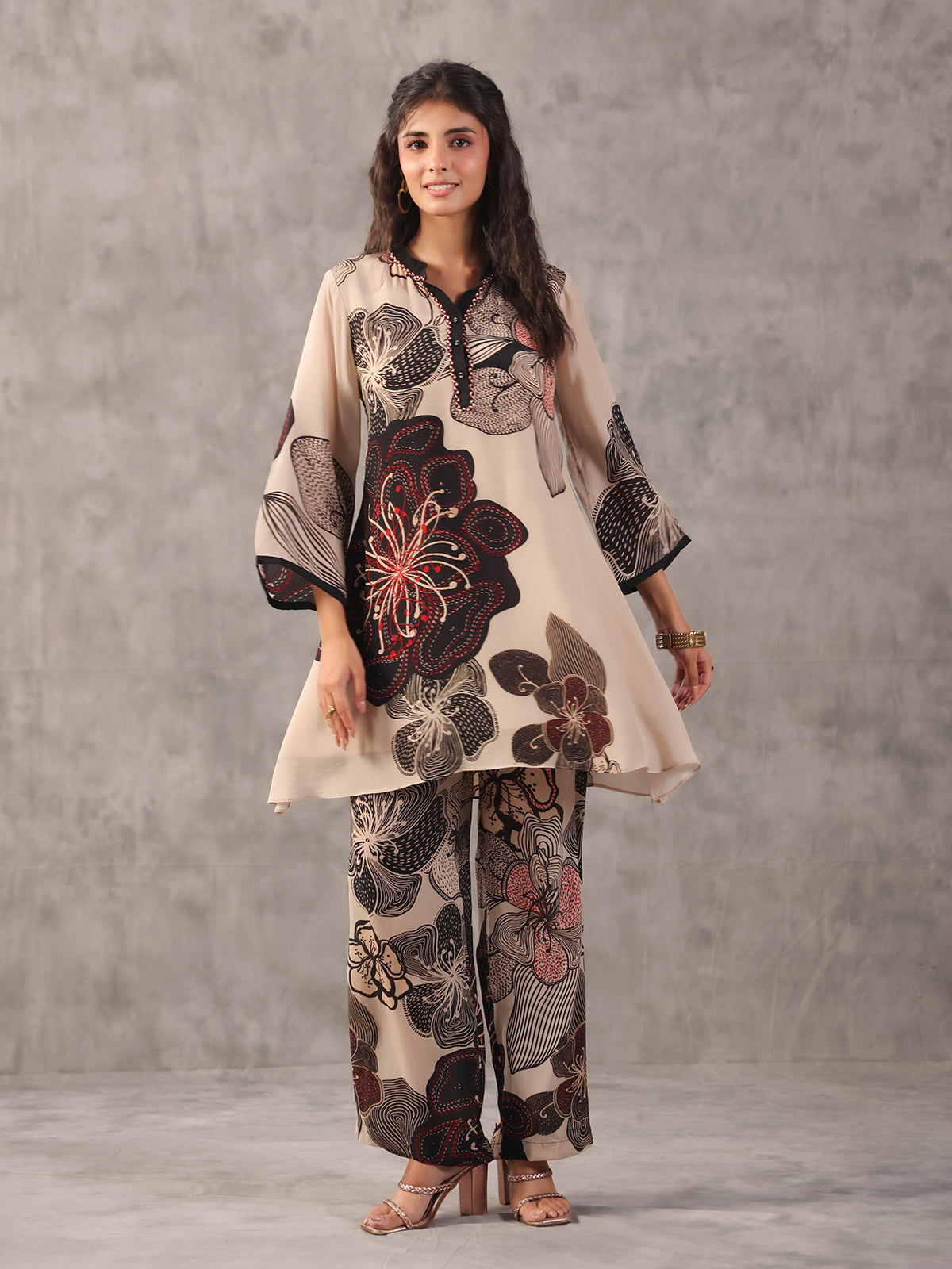 Beige perfect printed embellished stand collar palazzo co ord set