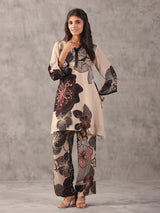 Beige perfect printed embellished stand collar palazzo co ord set