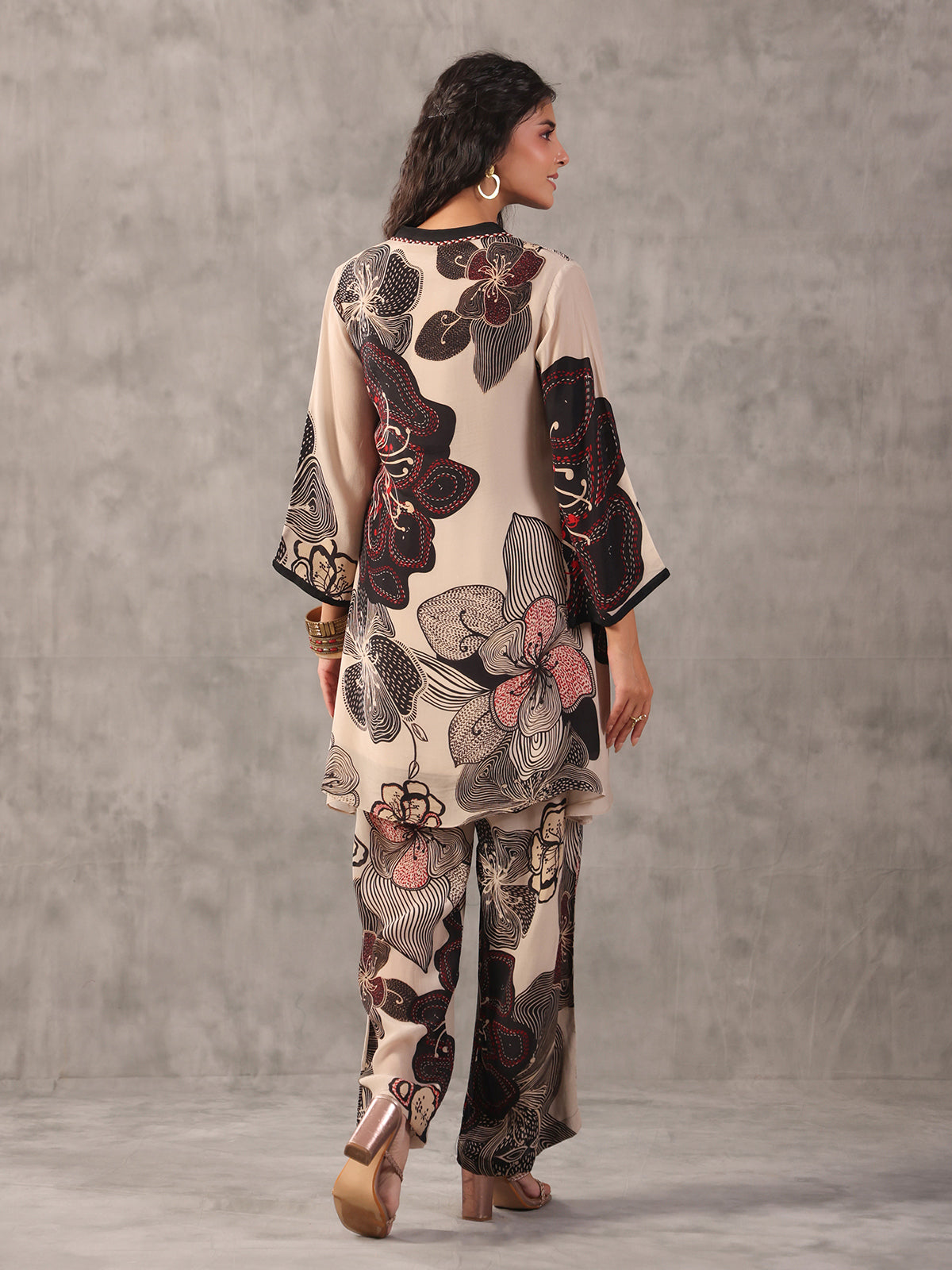 Beige perfect printed embellished stand collar palazzo co ord set