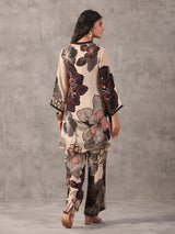 Beige perfect printed embellished stand collar palazzo co ord set