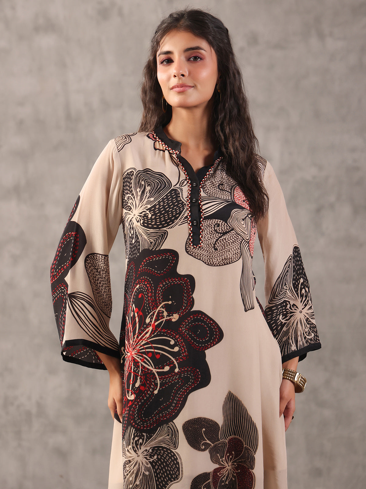 Beige perfect printed embellished stand collar palazzo co ord set