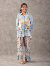 Sky blue european print collar neck palazzo co ord set
