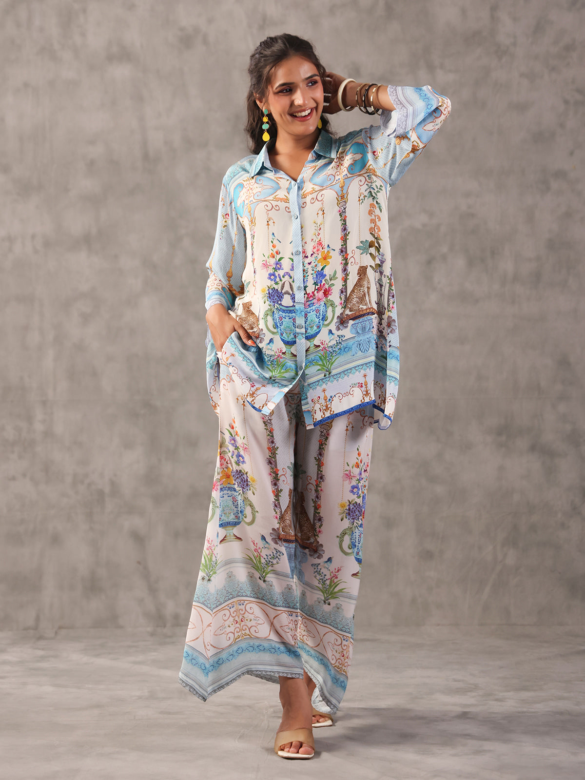 Sky blue european print collar neck palazzo co ord set