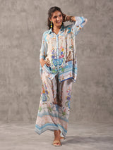 Sky blue european print collar neck palazzo co ord set