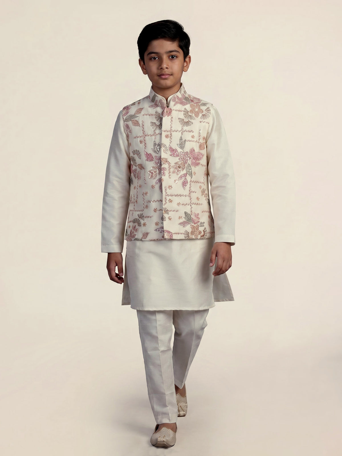 Off white floral grid boys waistcoat set