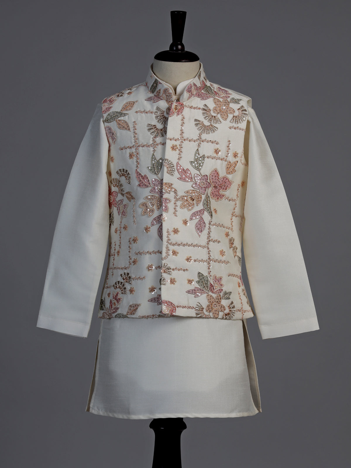 Off white floral grid boys waistcoat set
