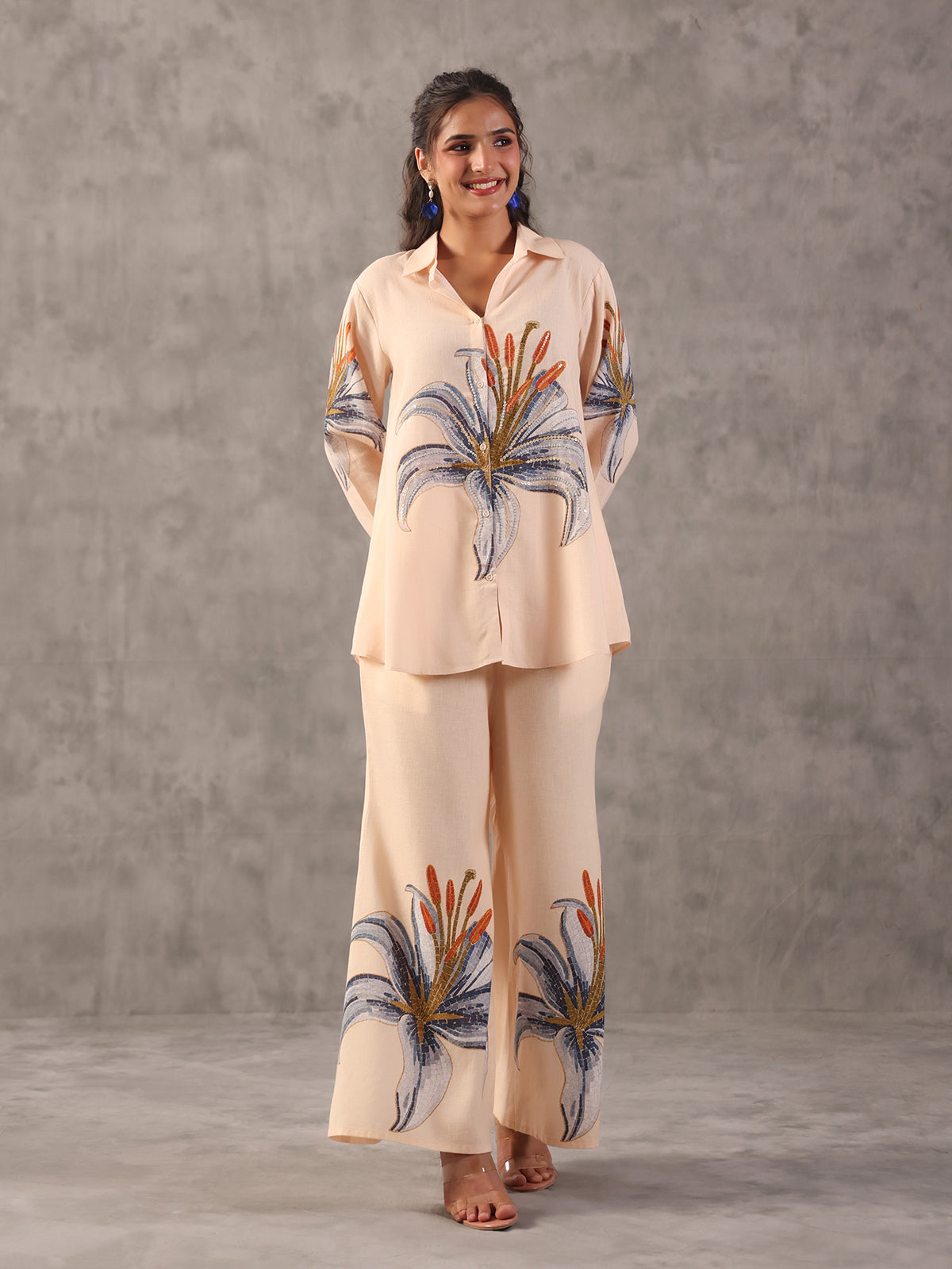 Cream embellished silver linen printed full sleeve co ord set