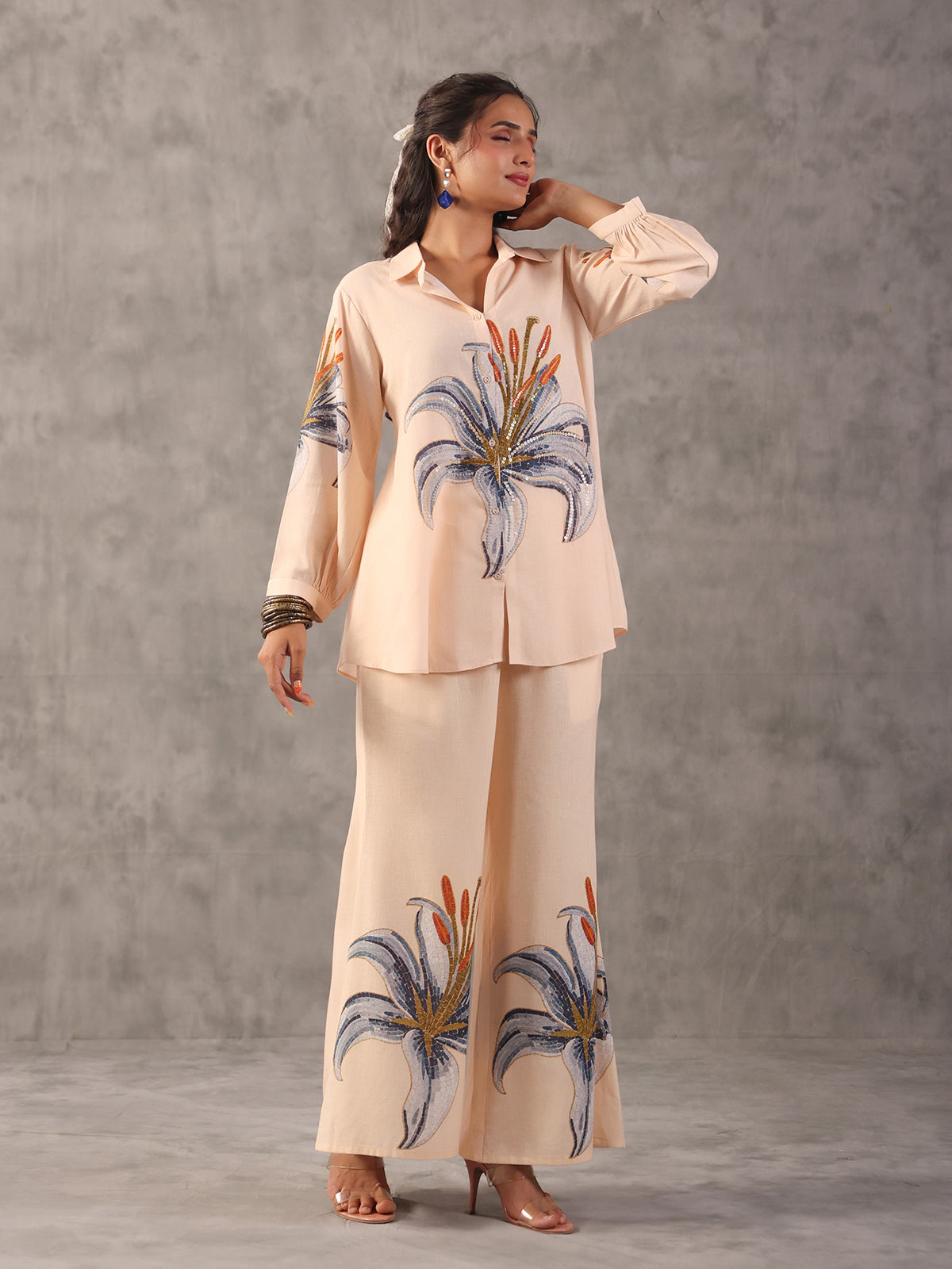 Cream embellished silver linen printed full sleeve co ord set