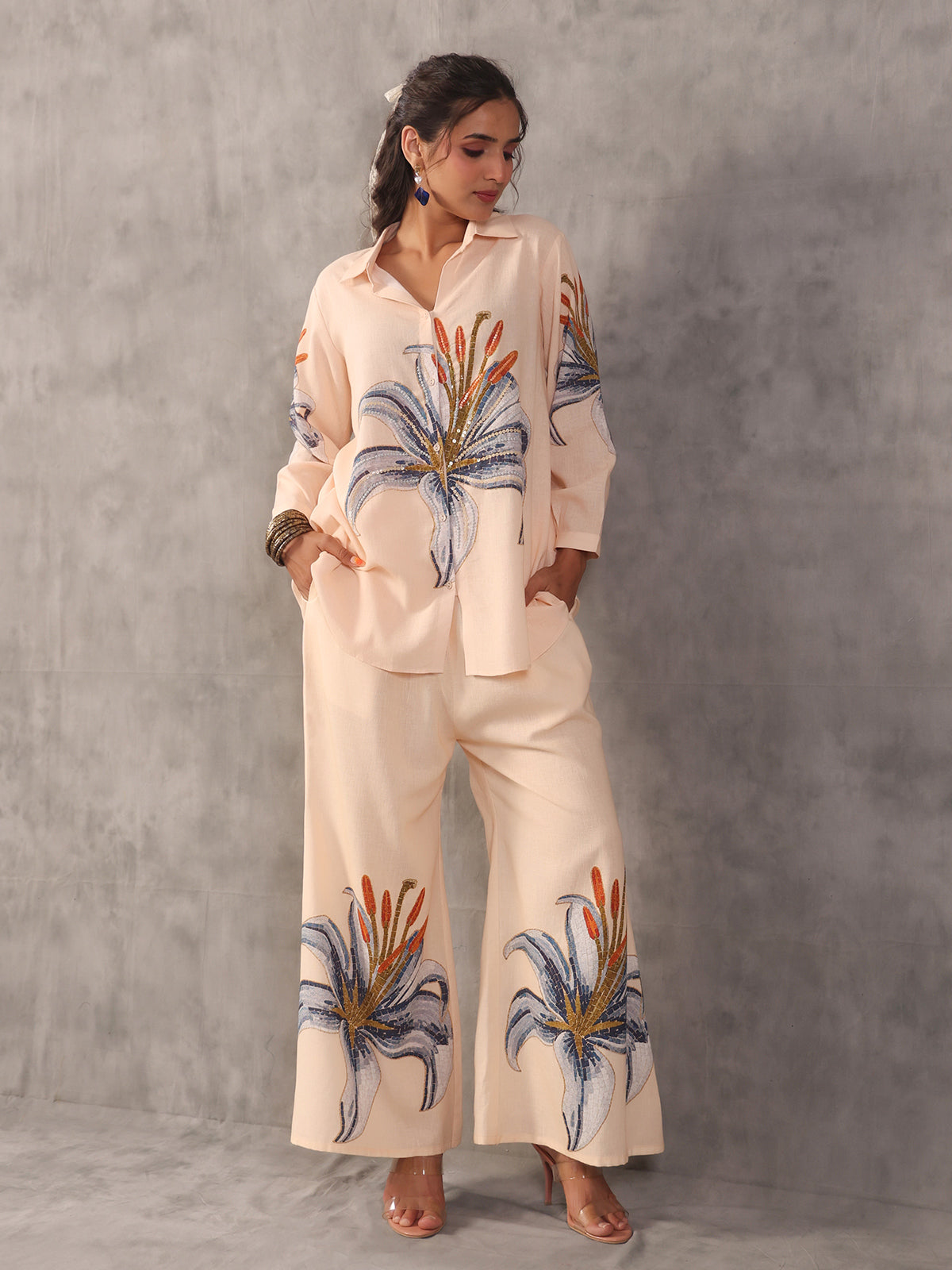 Cream embellished silver linen printed full sleeve co ord set