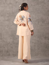 Cream embellished silver linen printed full sleeve co ord set
