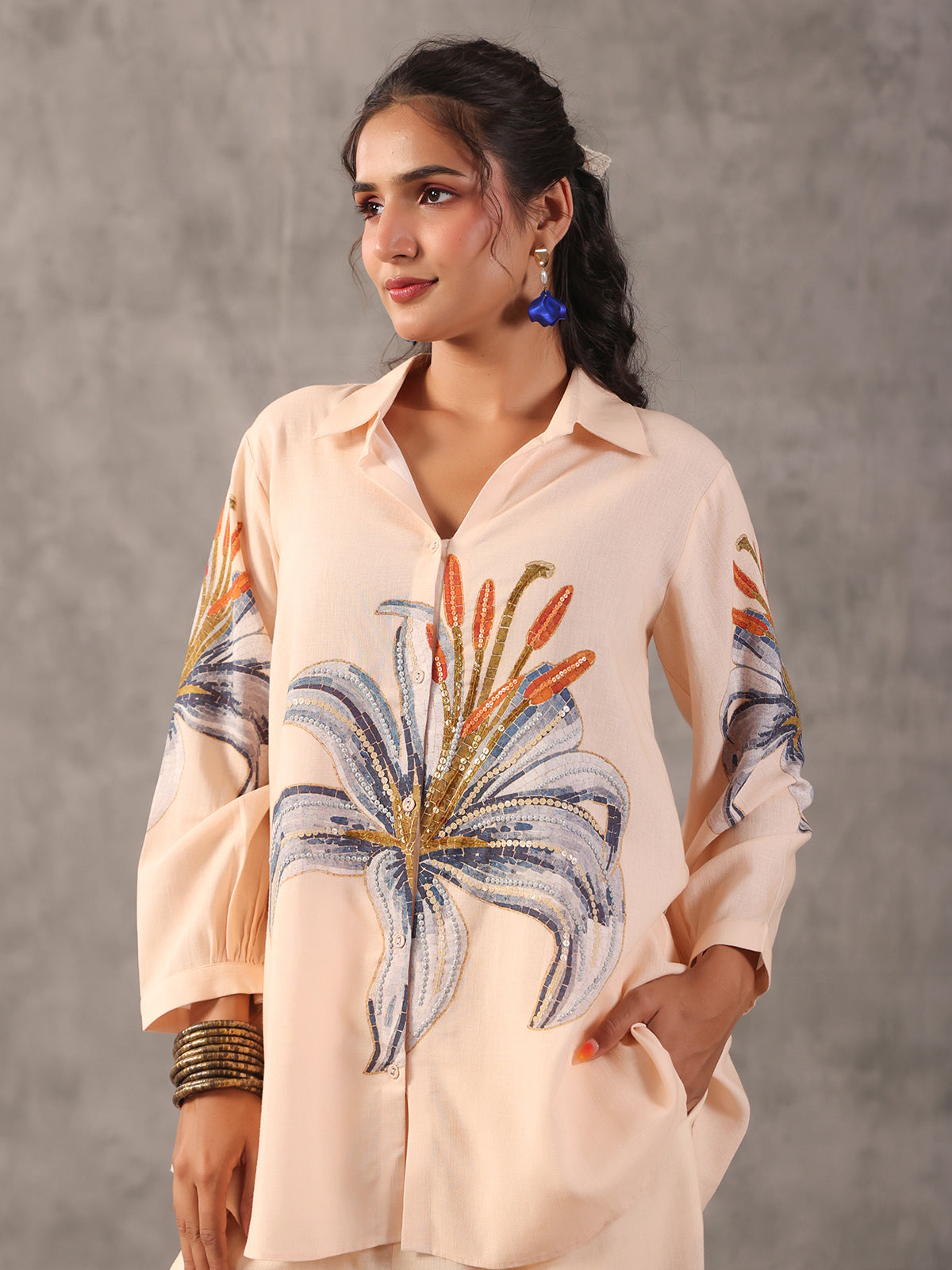 Cream embellished silver linen printed full sleeve co ord set