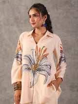 Cream embellished silver linen printed full sleeve co ord set