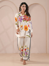 White embellished silver linen printed full sleeve co ord set