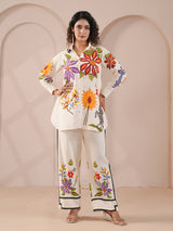 White embellished silver linen printed full sleeve co ord set