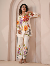White embellished silver linen printed full sleeve co ord set