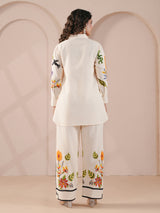 White embellished silver linen printed full sleeve co ord set