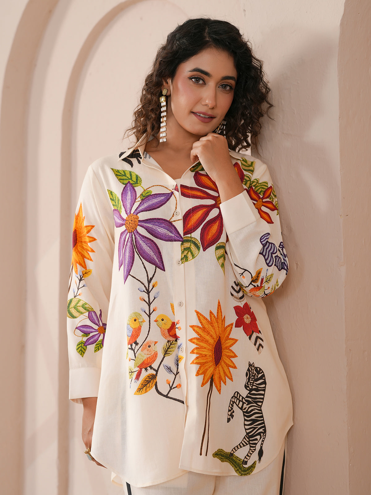White embellished silver linen printed full sleeve co ord set