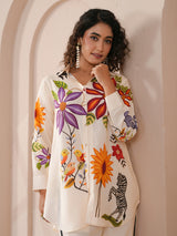 White embellished silver linen printed full sleeve co ord set