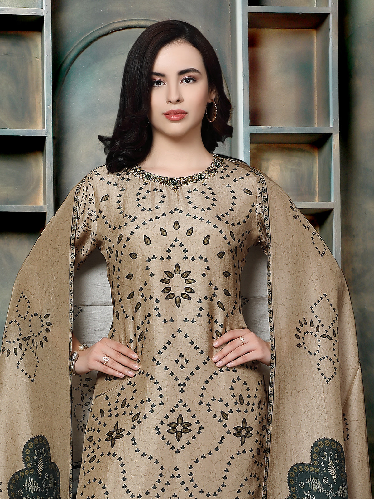 Desert khaki green printed women kurti set