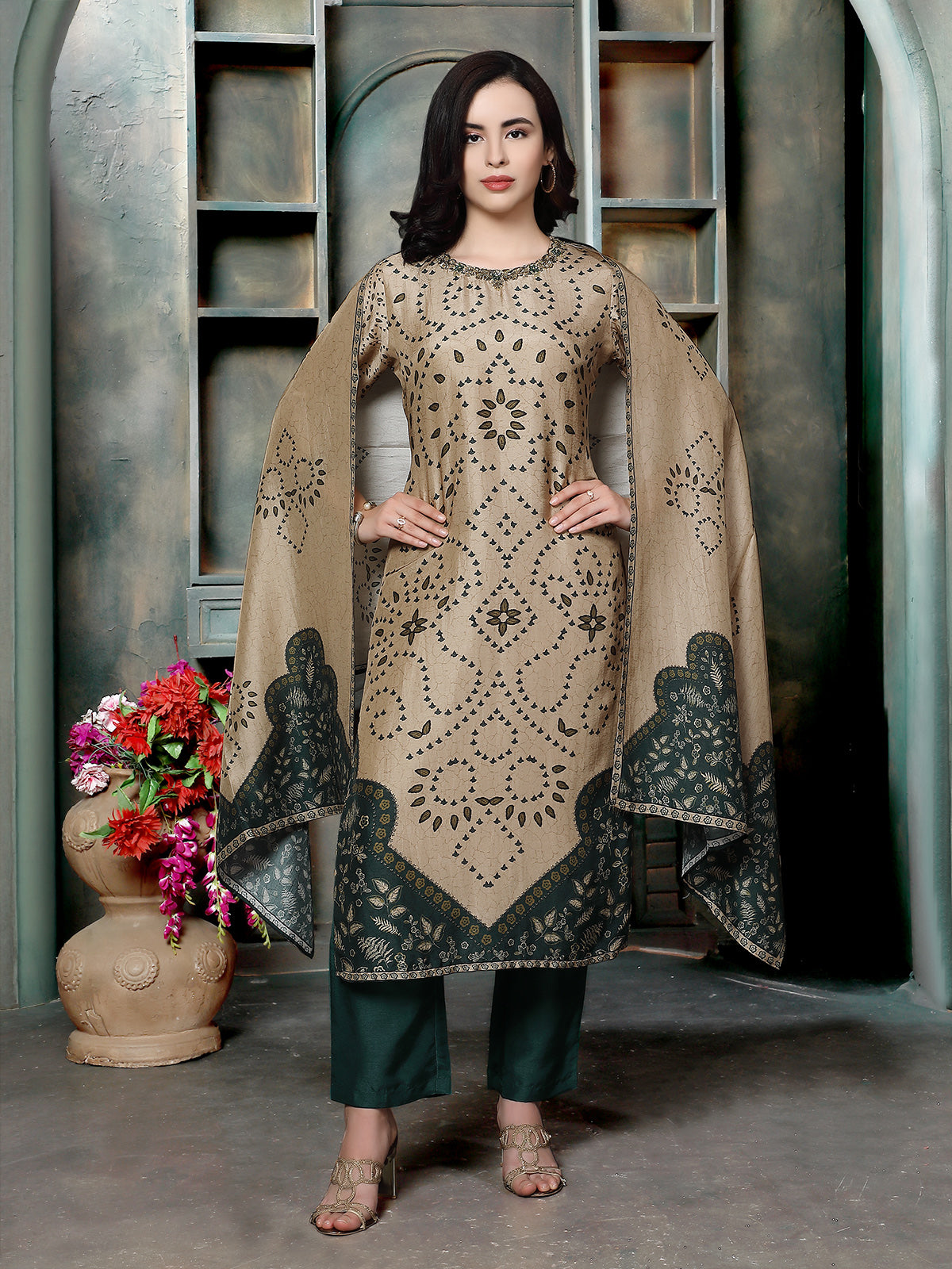 Desert khaki green printed women kurti set