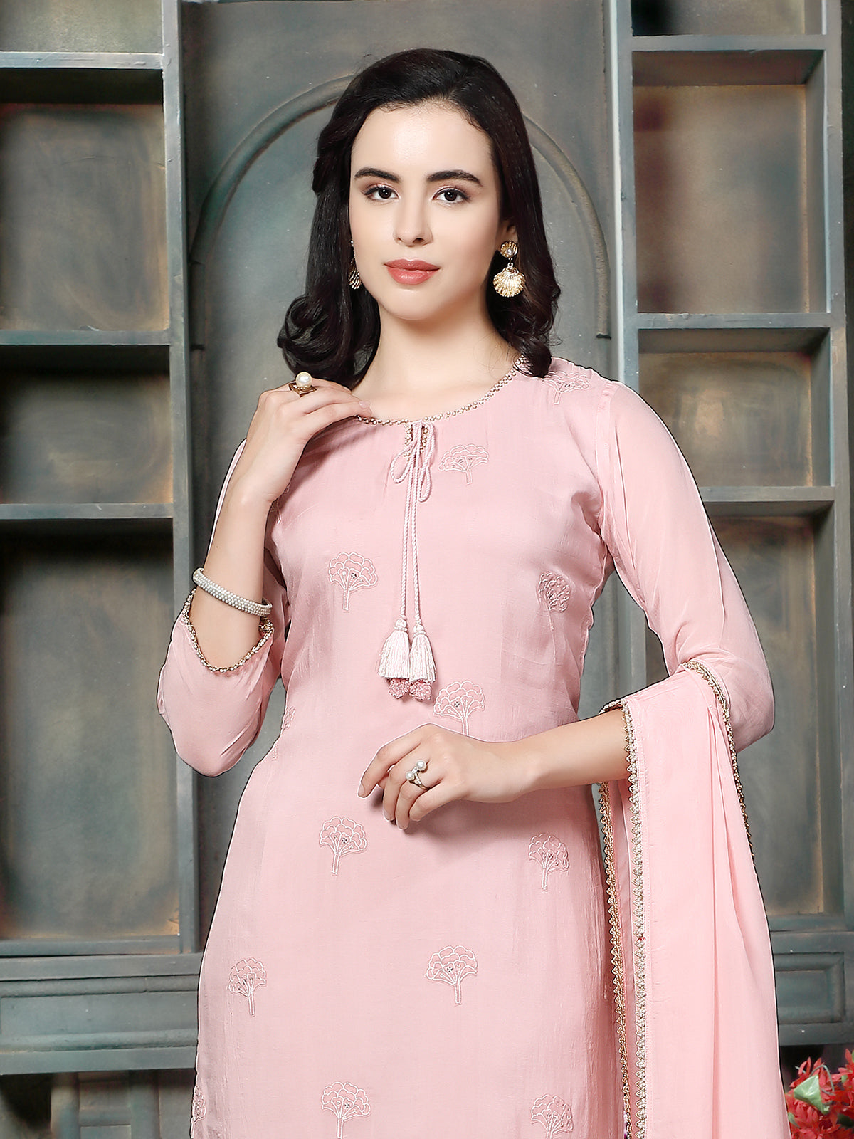 Powder pink floral cutwork women kurti set