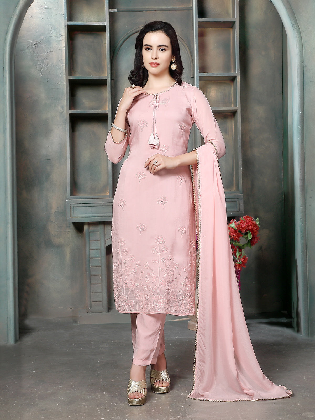 Powder pink floral cutwork women kurti set