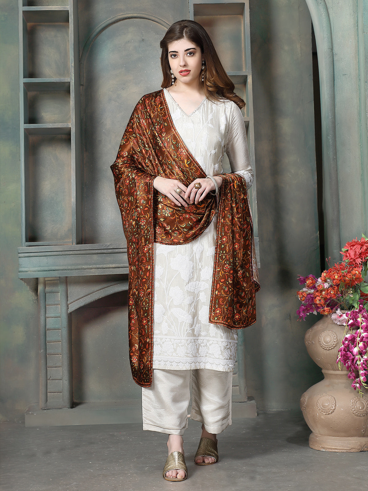 Ivory kashmiri printed women palazzo pant kurti set
