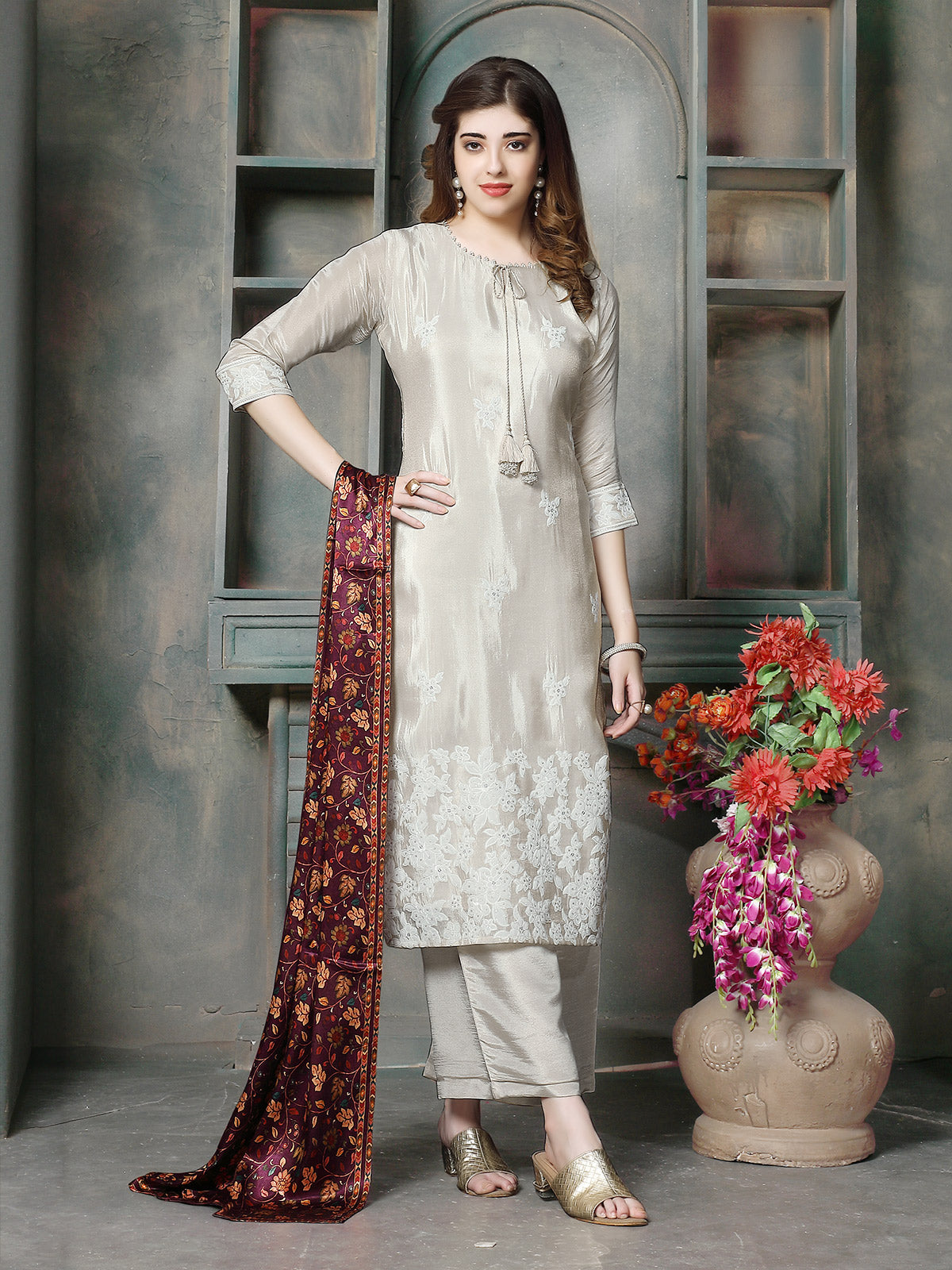 Grey floral embroidered women palazzo pant kurti set