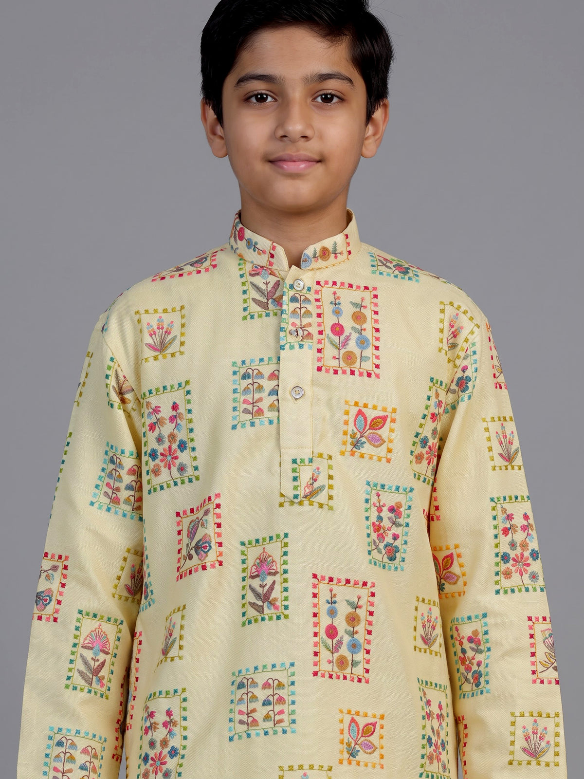 Buttercup yellow botanical tile boys kurta suit