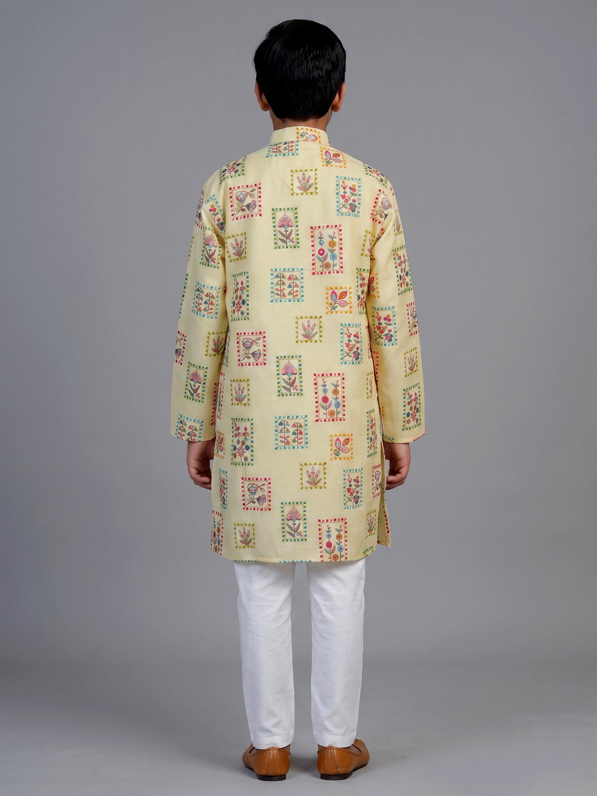 Buttercup yellow botanical tile boys kurta suit