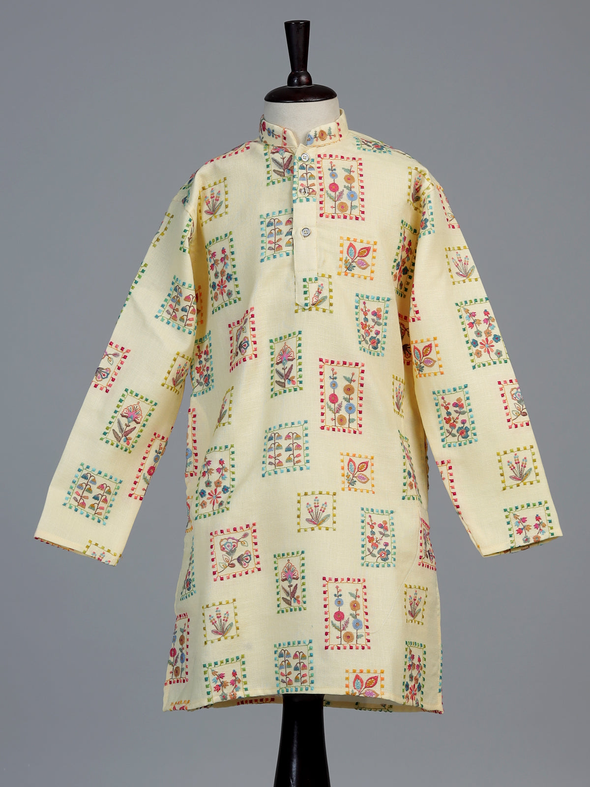 Buttercup yellow botanical tile boys kurta suit
