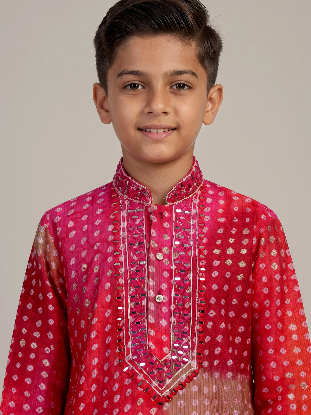 Fuchsia pink bandhani boys kurta suit
