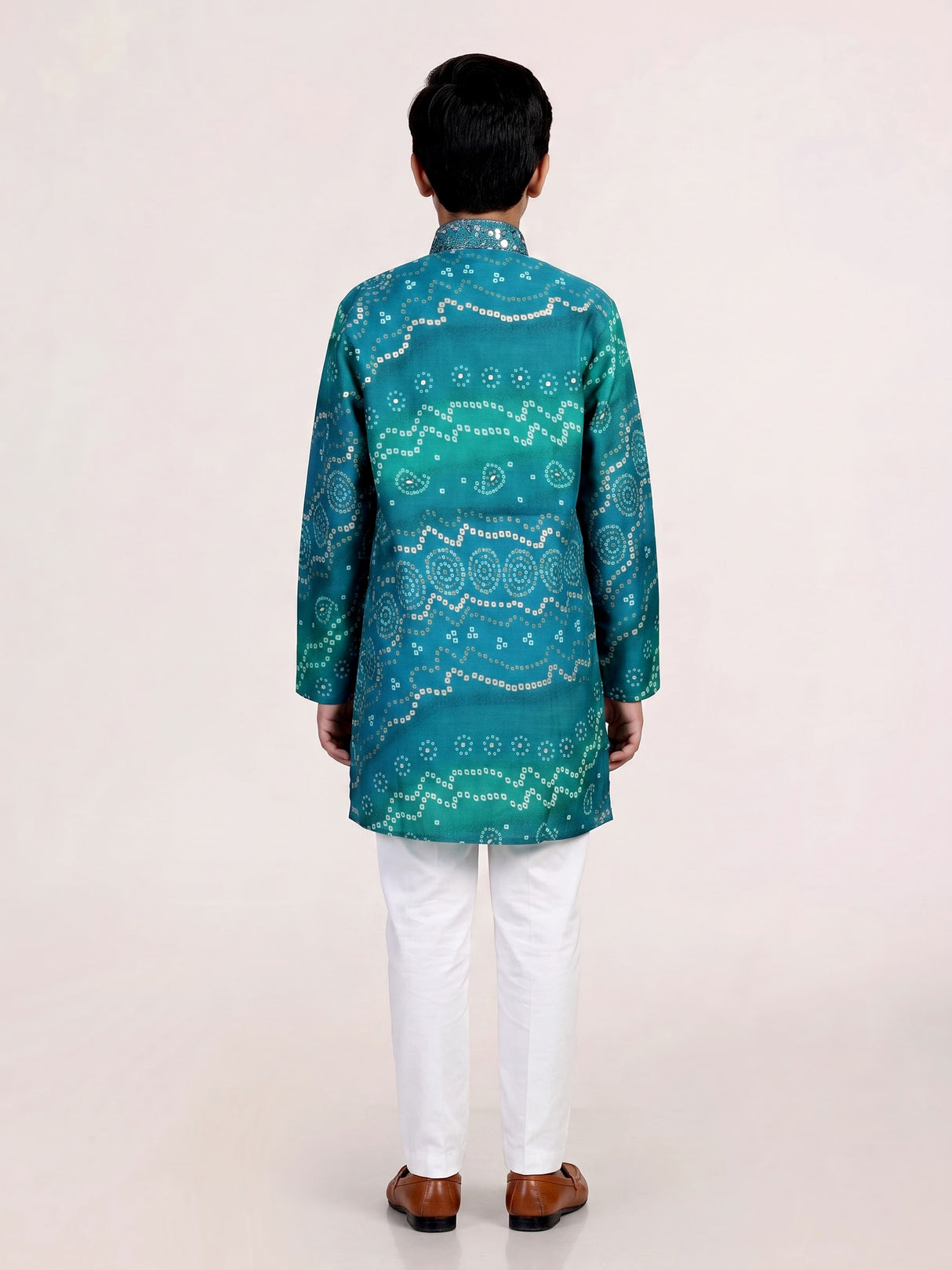 Blue bandhani print boys kurta suit