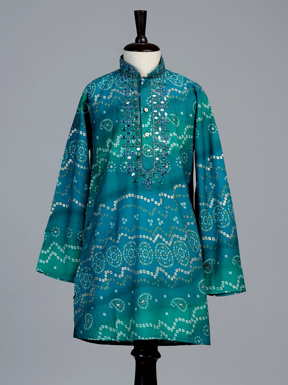Blue bandhani print boys kurta suit
