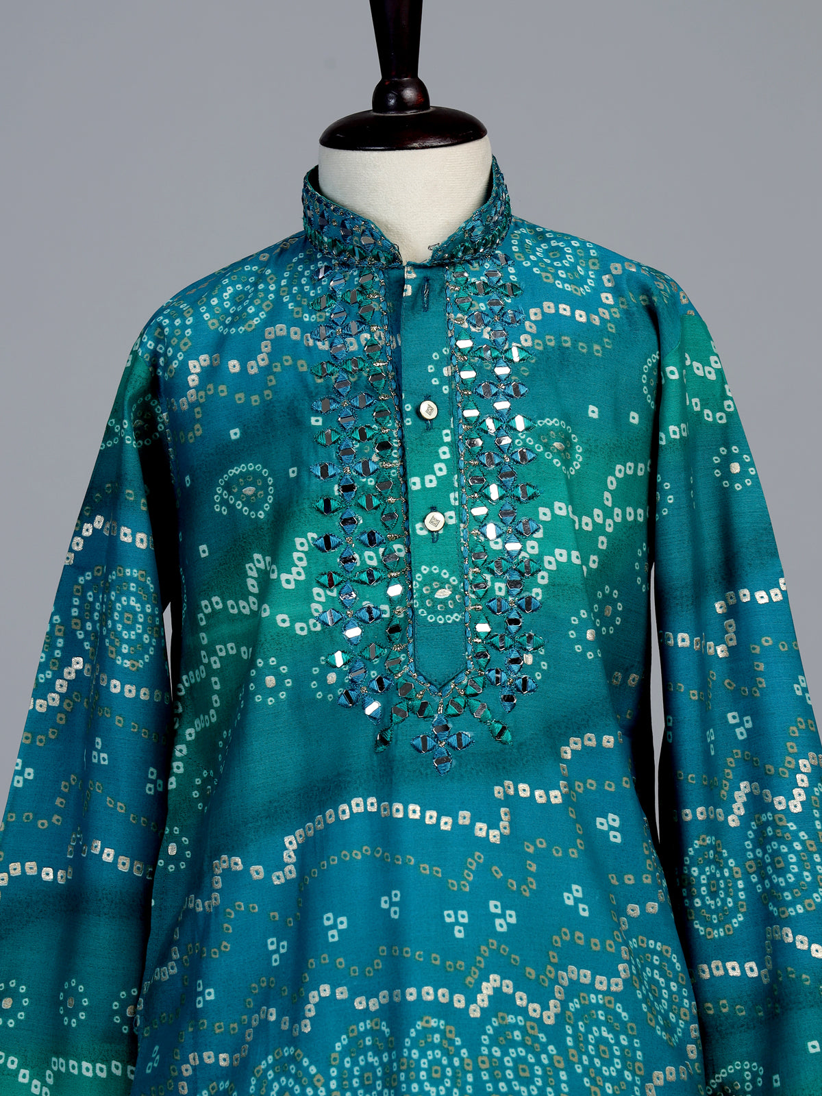 Blue bandhani print boys kurta suit