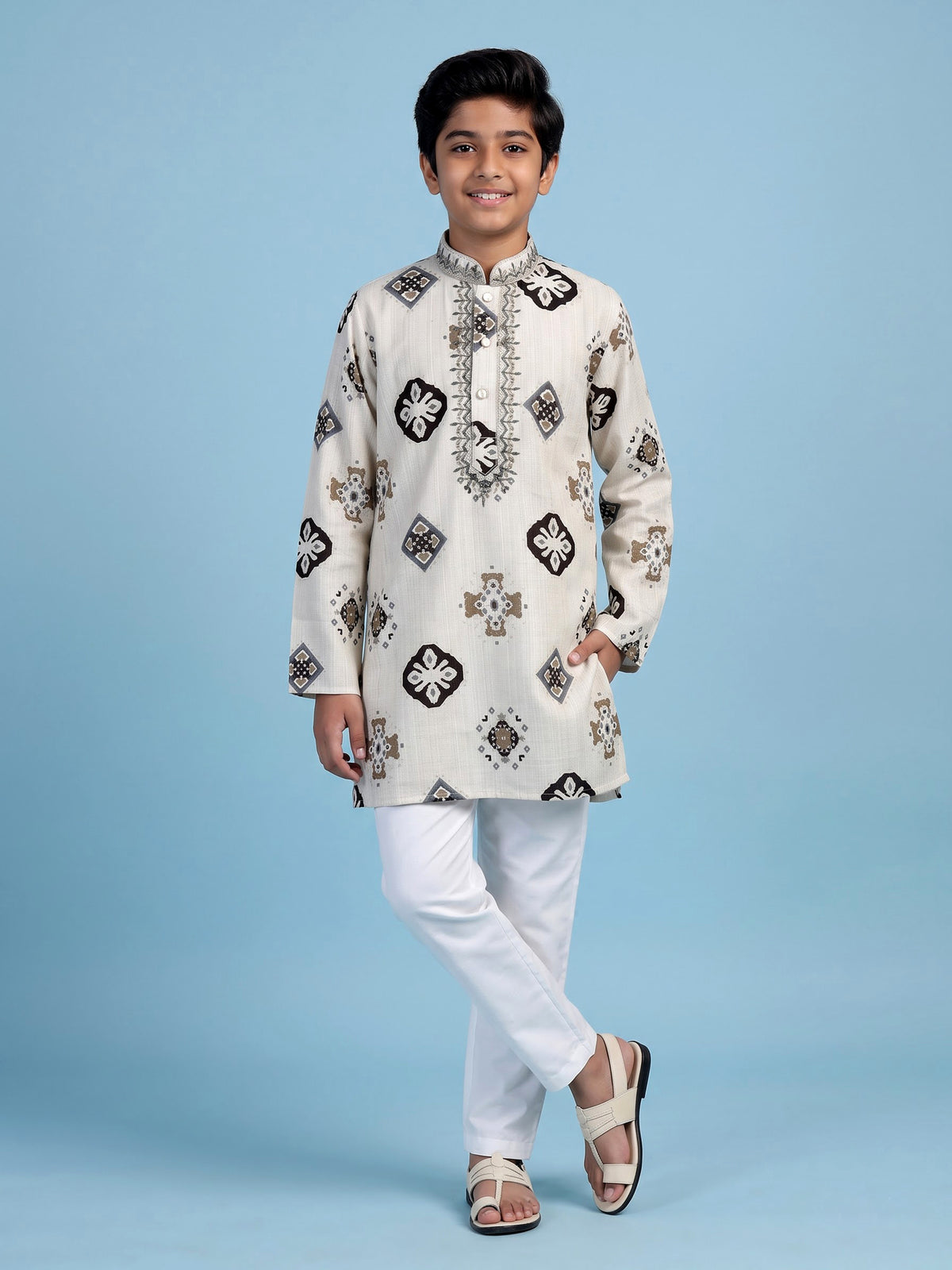 Off white geometric patola boys kurta suit