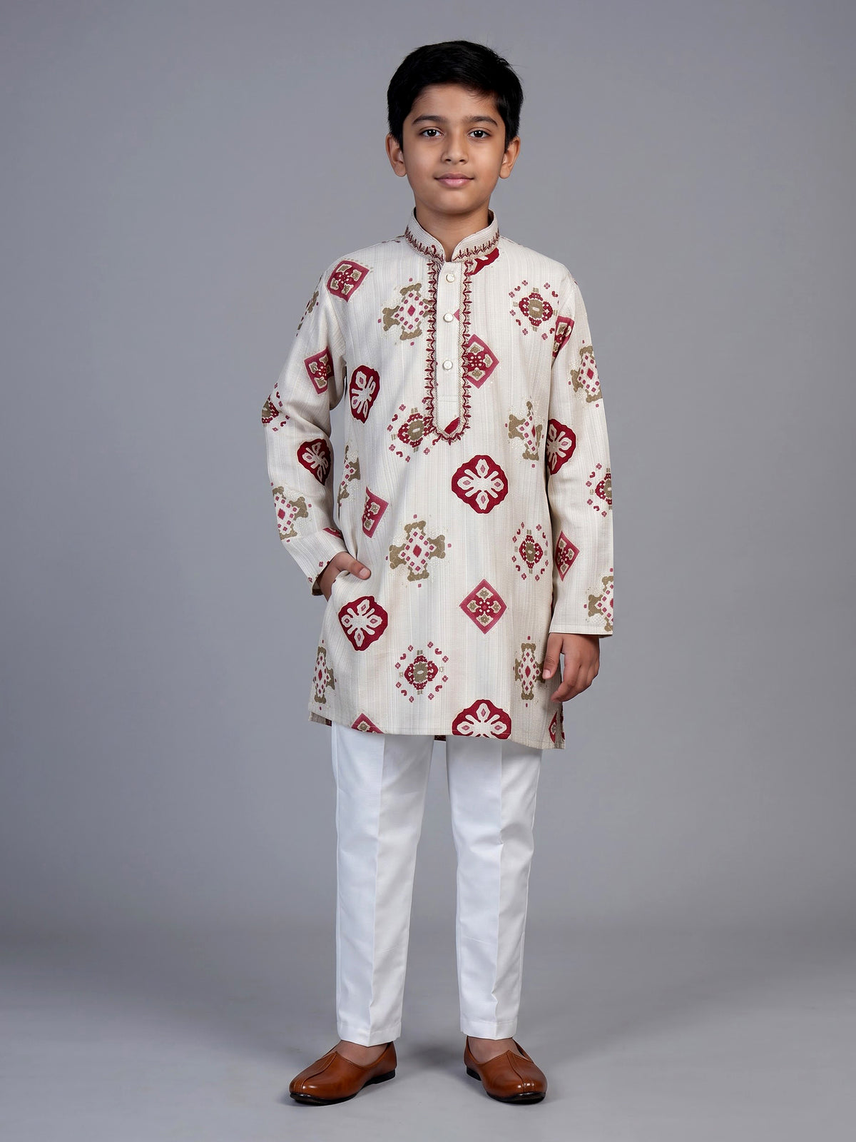 Off white patola print boys kurta suit