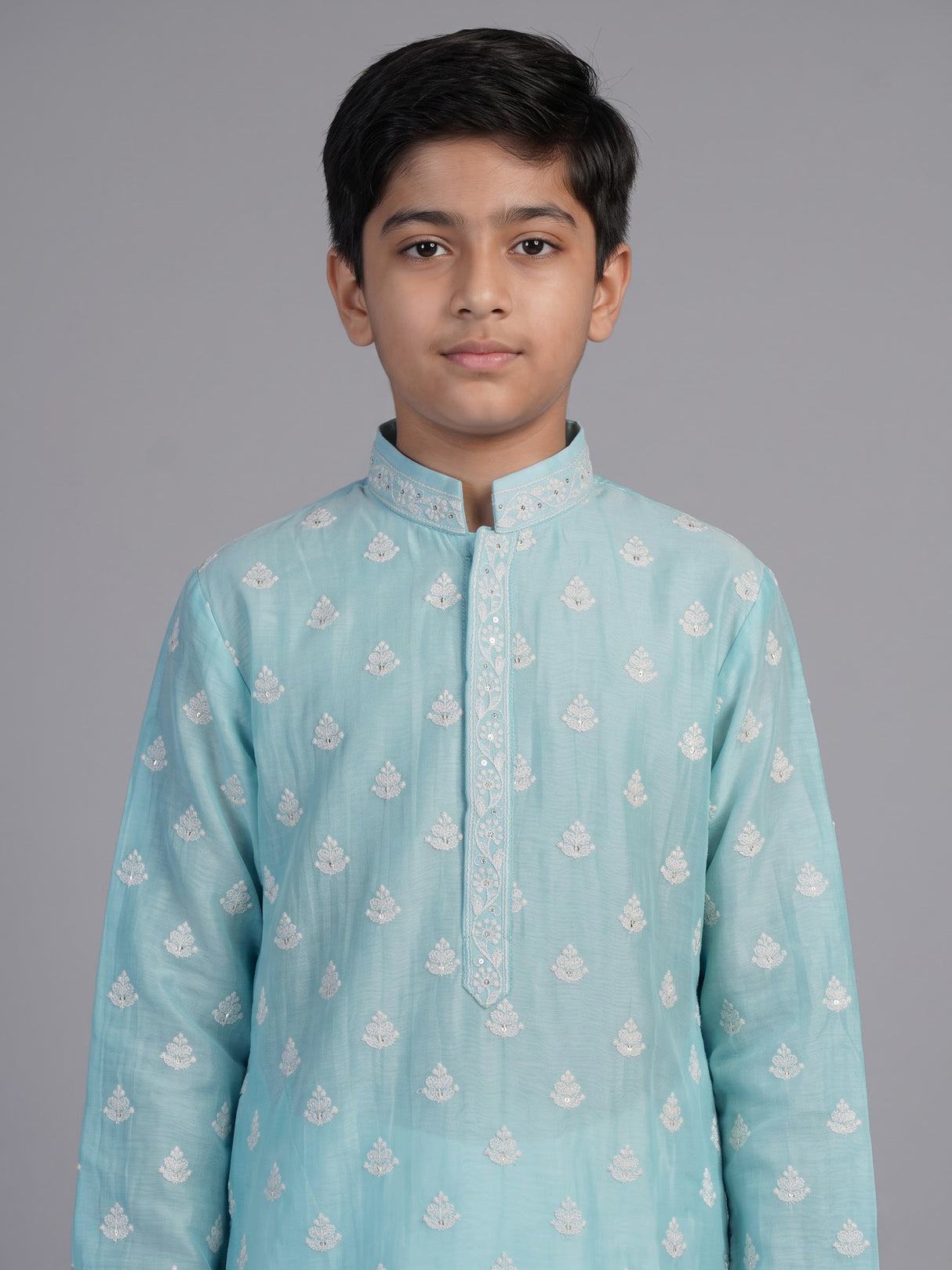 Sky blue floral embroidered boys kurta suit