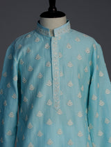 Sky blue floral embroidered boys kurta suit