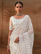 White net womens embellished saree with unstitched blouse