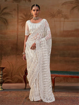 White net womens embellished saree with unstitched blouse