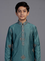 Deep teal blue starburst embroidered boys kurta suit