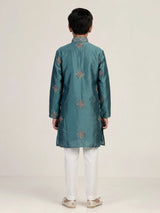 Deep teal blue starburst embroidered boys kurta suit