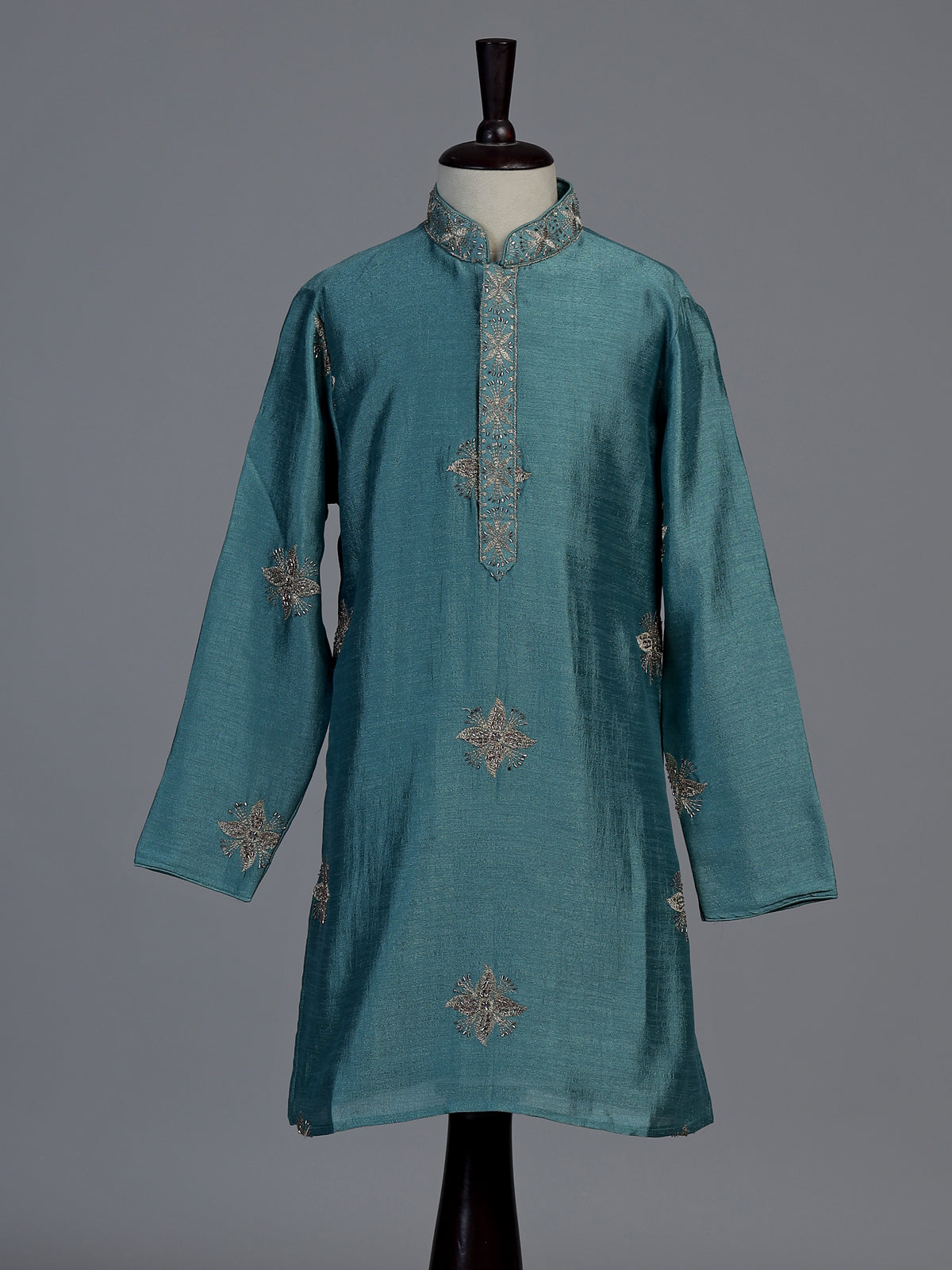 Deep teal blue starburst embroidered boys kurta suit